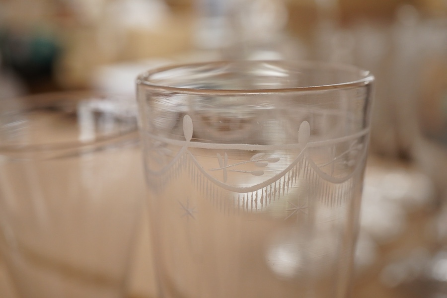 A a set of three early 19th century ale glasses with folded feet, together with two additional engraved ale glasses, a knopped rummer and another, tallest 18cm